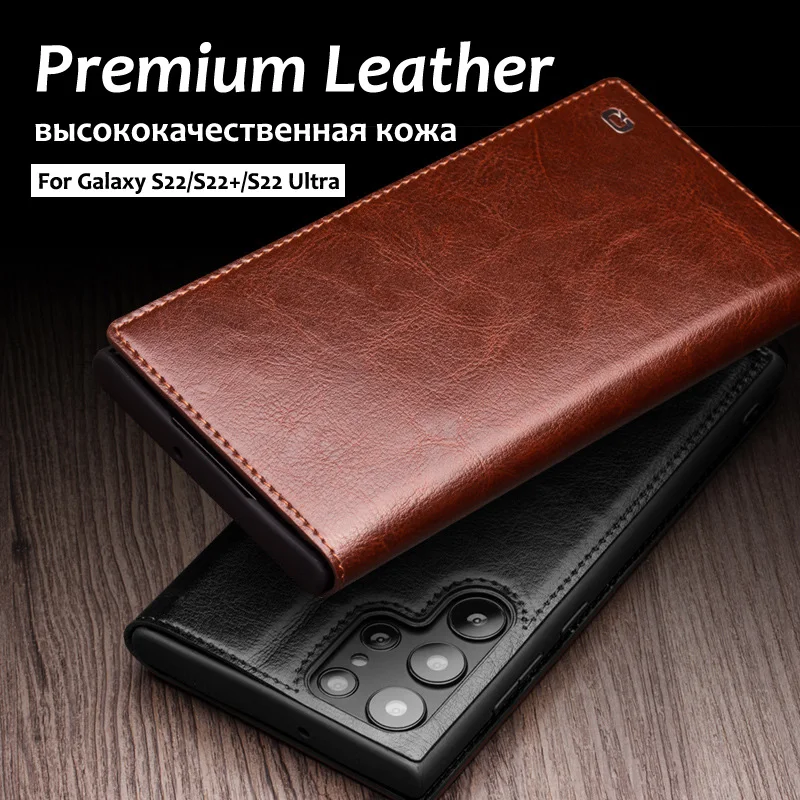 

Premium Leather Flip Case For Samsung S23 S22 Ultra Business Cowhide Cover For Galaxy S23+ S22+ Plus Card Pocket Wallet Bags