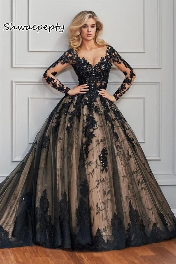 Robe de mariée noire à manches longues, avec des Appliques en dentelle, col en v, ligne A, gothique, pour femmes, avec Tulle perlé, Vintage, personnalisée