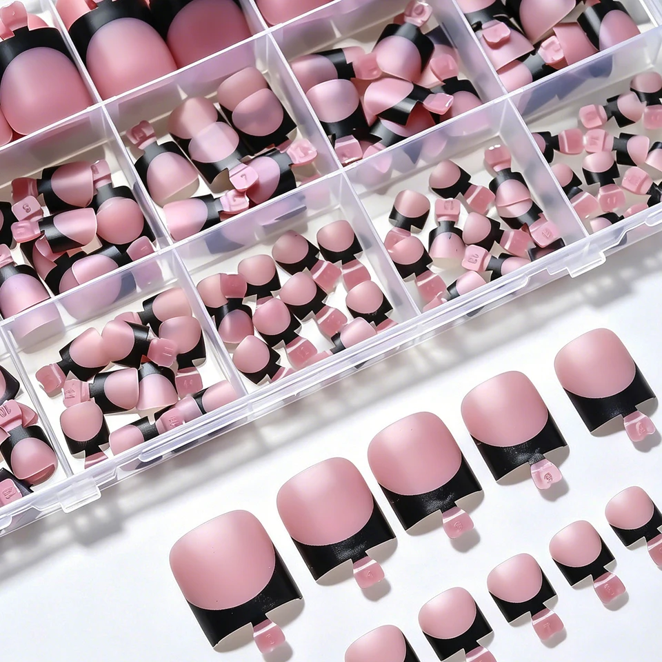 150 Piezas Uñas Postizas Para Dedos del Pie Cuadradas Cortas Negras Francesas Mate Nude Rosa Cobertura Completa Reutilizables Veraniegas 5