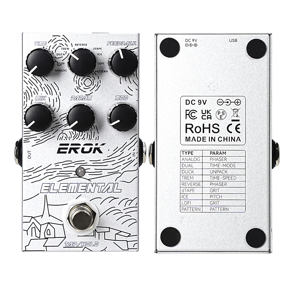 EROK Elemental Digital Delay Effect Pedal 9 Modes Tap & Hold Tempo Effector for Electric Guitar Bass