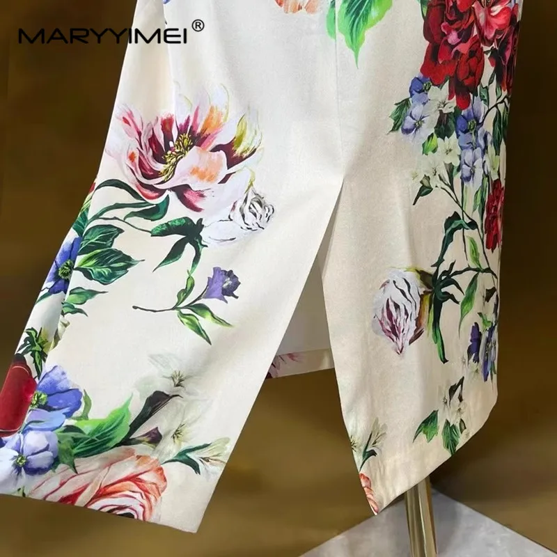 MARYYIMEI Nieuwe stijl damesjurk met lange mouwen, elegante print, mooie slim-fit heupomslag, hoge taille, rechte zijden jurken