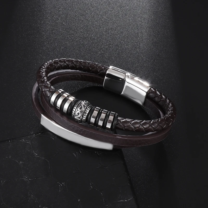Classic Black Multilayer Leather Bracelet Men Wrap Bracelet with Metal Magnetic Clasp Handsome Jewelry Gift