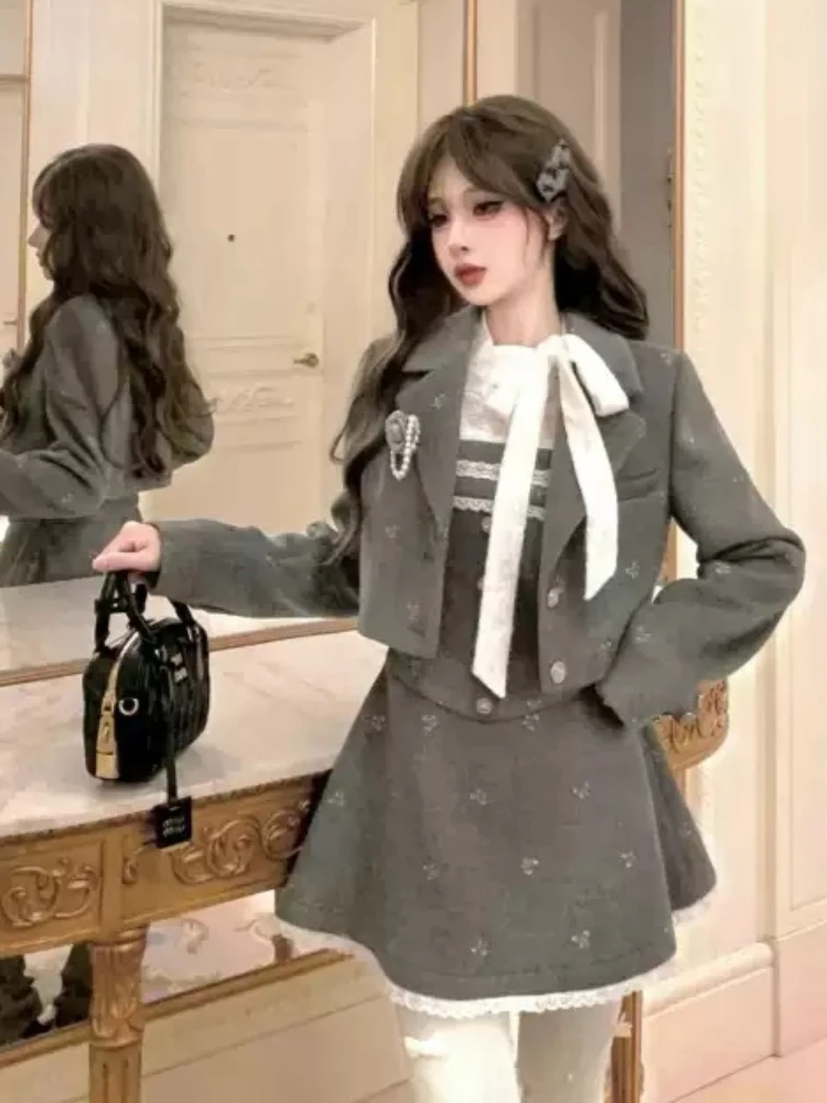 French Luxury Elegant 2 Piece Set Women Slim Fit Short Coat + Lace Long Sleeve Dress Chic Fashion Vintage Party Evening Outfit
