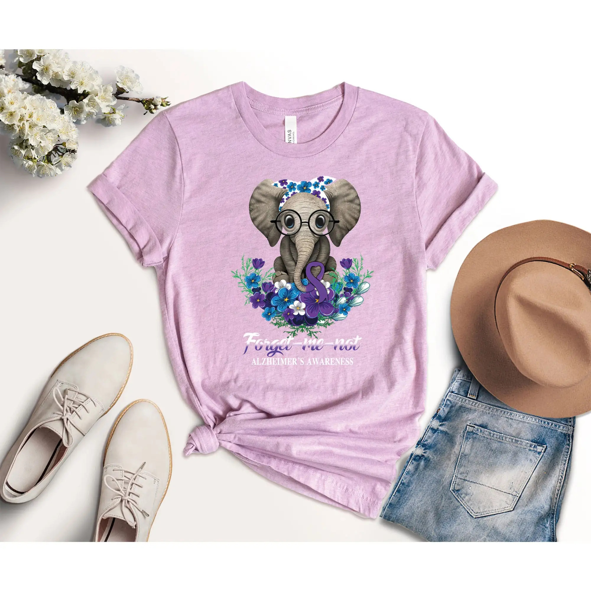 Forget Me Not Alzheimer'S Awareness T Shirt Elephant With Glasses Flower Purple Ribbon Support Alzheimer