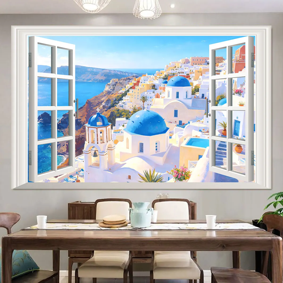 PVC self-adhesive window outdoor Santorini scenery wall sticker for wall decoration and concealing flaws