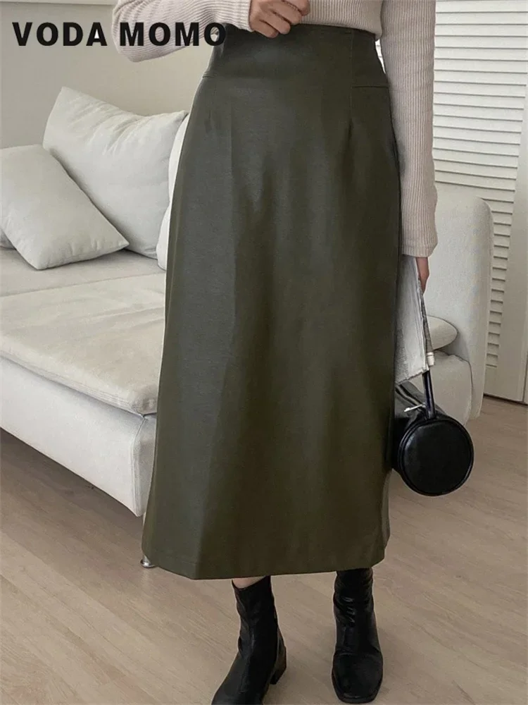 Solid Design Sense Leren Rok Dames Nieuwe Mode Retro Alle Bijpassende Hoge Taille Afslanken Terug Split Temperament Halve Rok
