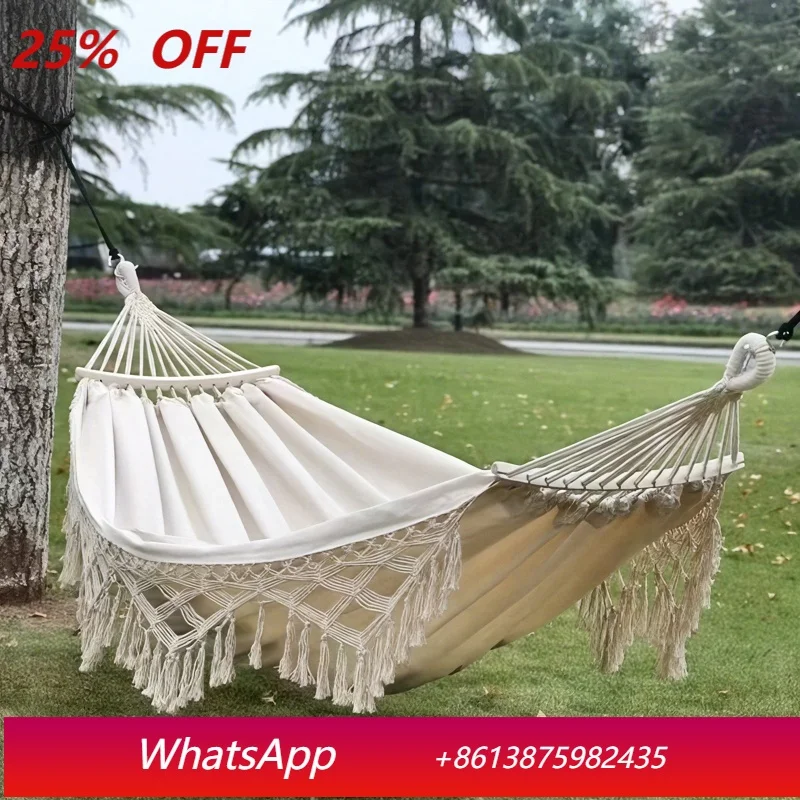 Bohemian Double Hammock for 2 Person, Red White Striped Pattern with Tassels, Heavy Duty Rope Outdoor Hammock with Carry Bag