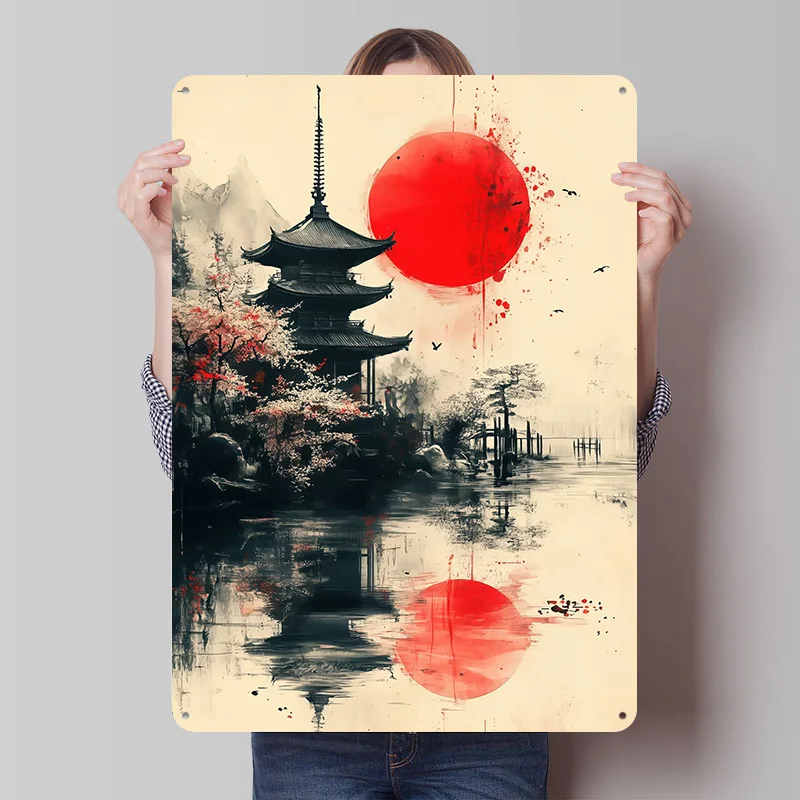 Japanese Pagoda With Rising Sun Poster Customized Vintage Metal Signs Wall Art Retro Tin Plaque for Bar Accessories Desk Decor