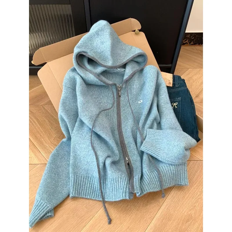 Double Zipper Apricot-colored Hooded Knitted Cardigan Sweater Jacket for Women Autumn Winter Featuring A Laid-back and Loose Top