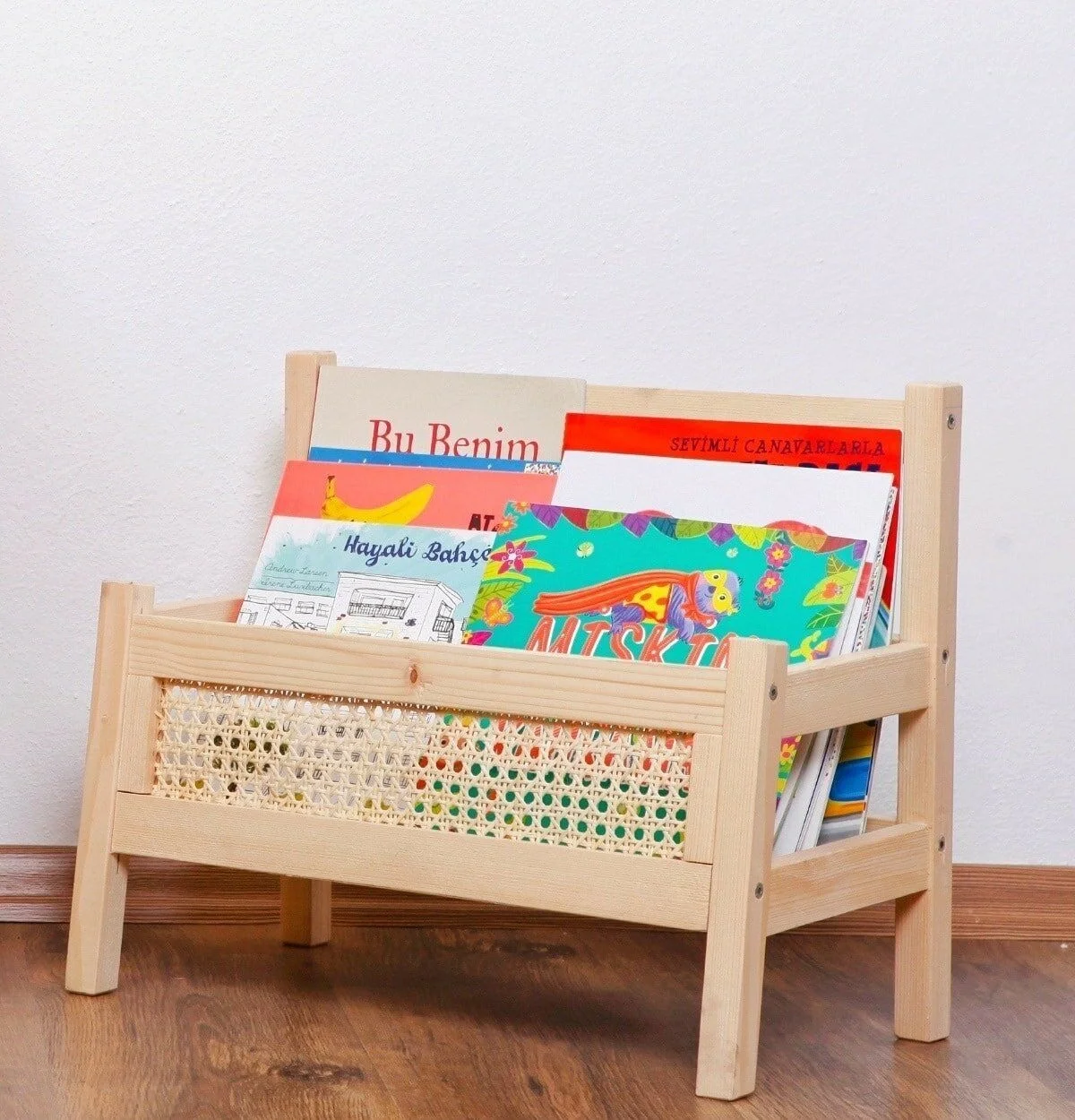 Montessori Hazeran Bookcase Magazine Holder Solid Wood Custom Design Handmade Kids Room And Suitable For All Areas