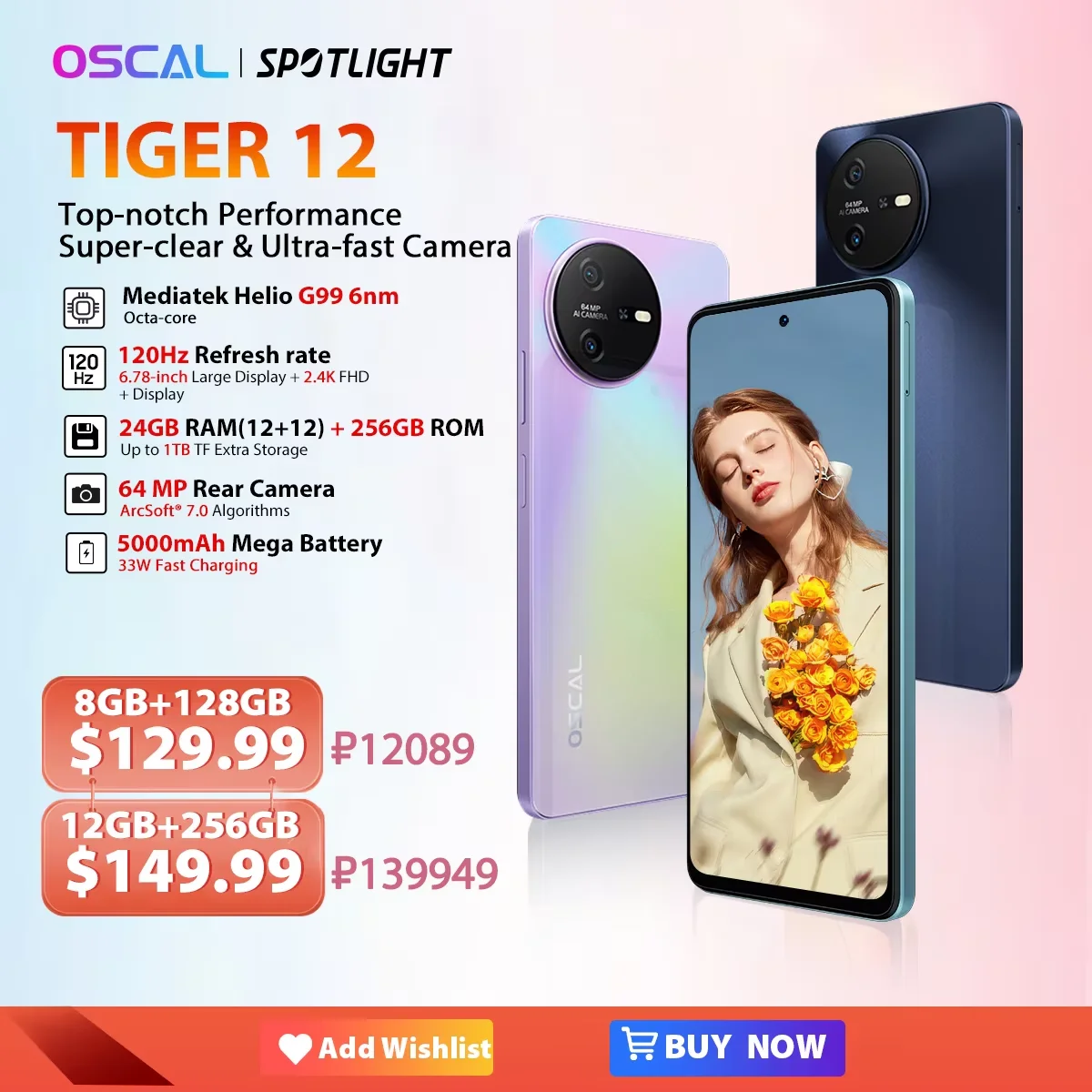 OSCAL TIGER 12 스마트폰, 안드로이드 13, Helio G99, 6.78 인치, 120Hz, 2.4K 디스플레이, 휴대폰, 24GB, 256GB, 64MP, 월드 프리미어 