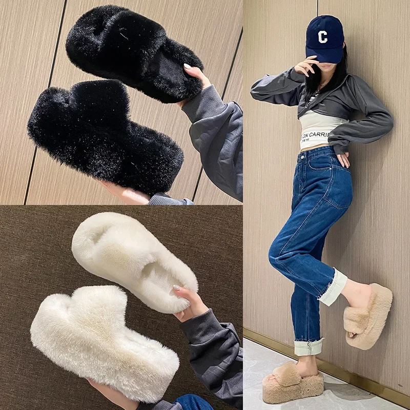Home Furry Fur Slides Plush Slippers Fluffy Flip Flops Luxury Slip on Platform Women Fashion Shoe 2024 Zapato De Mujer Designer
