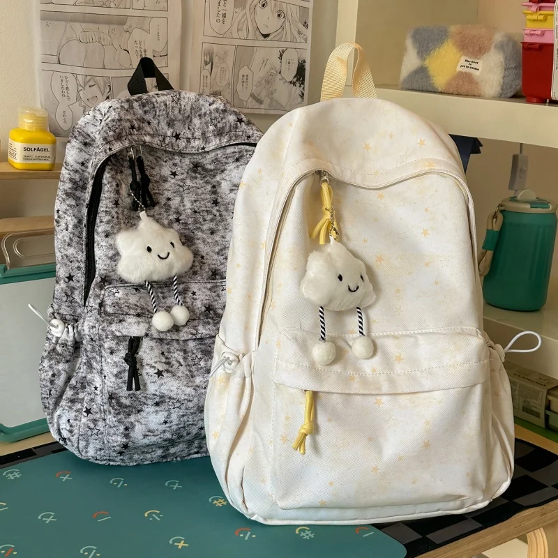 Nylon Star Print Backpack Purse for Women Travel Daypack Bag with Pendant Laptop Backpacks Large Capacity for Daily Travel Work