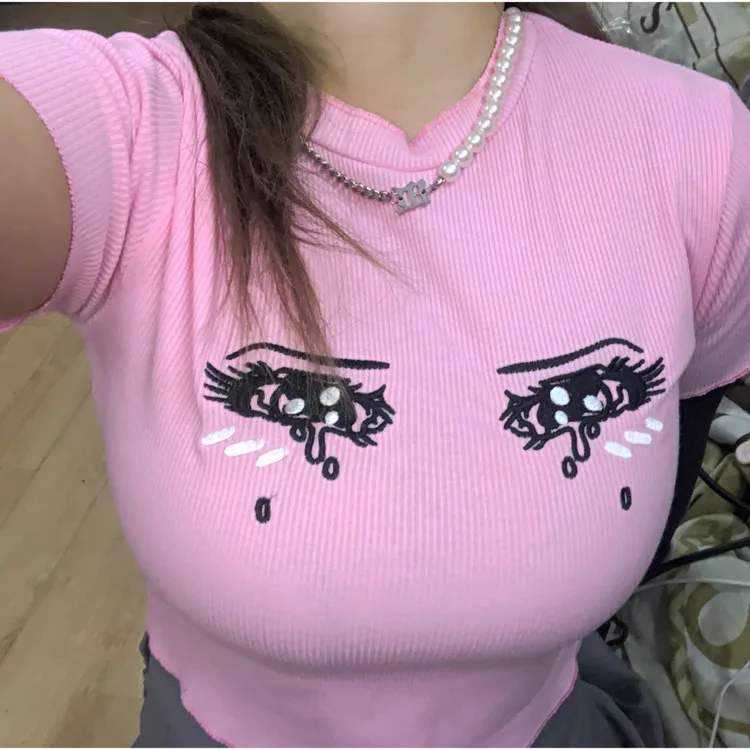 Kawaii Lolita Girls Pink T-shirt Trendy Summer Sexy Knitted Short Crop Top Yk2 Youthful Women Aesthetic Harajuku Corset Clothes