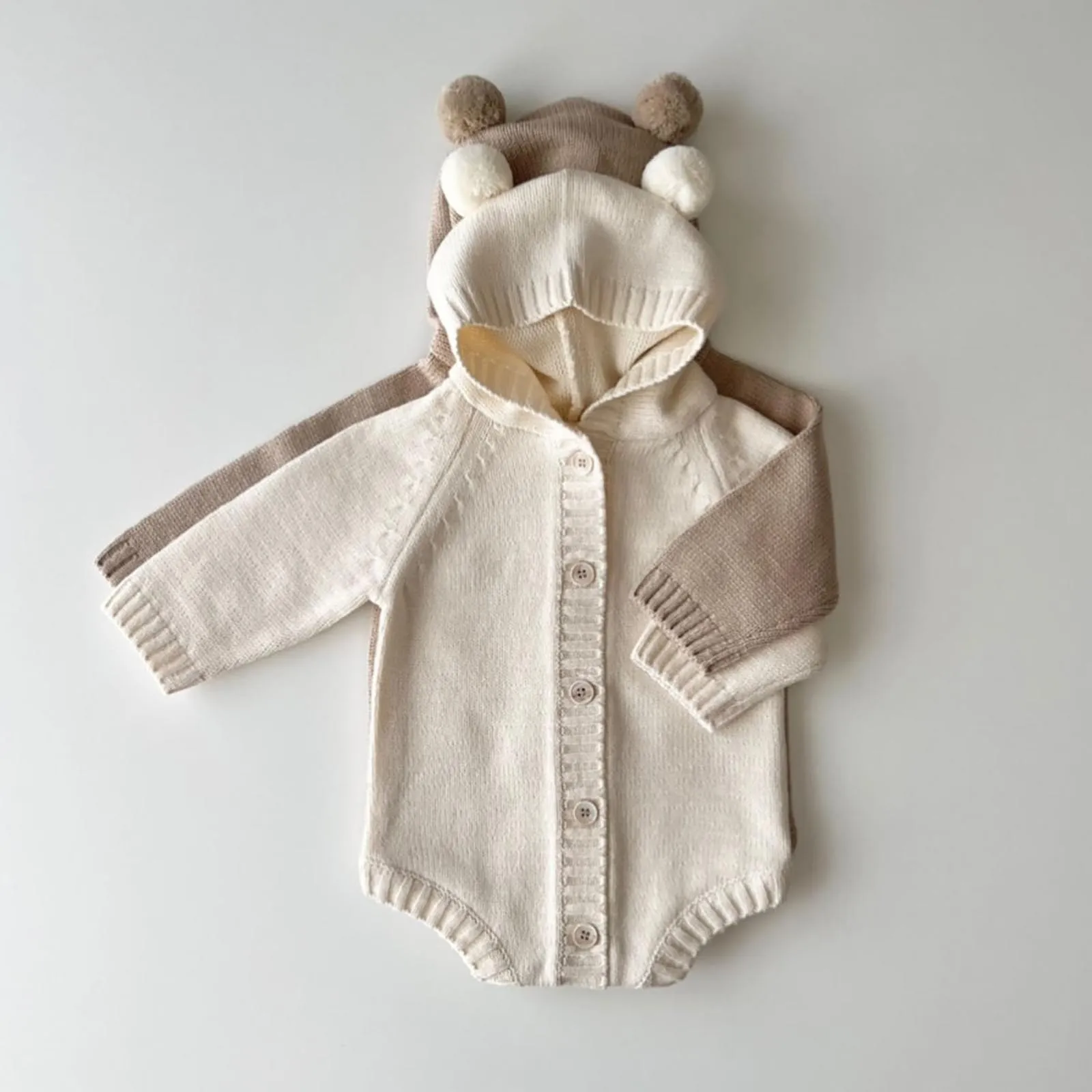 Baby Hoodie Teddy Bear Shaped Children's Knitted Sweater Baby Jumpsuit Crawling Suit Baby Girl Outfits 6-9 Months