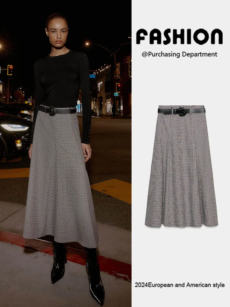 

Spring New Arrival Women's High Waist Midi Plaid Skirt Ele Versatile Belted Faionable Chinese Ethnic Sle Dr Code