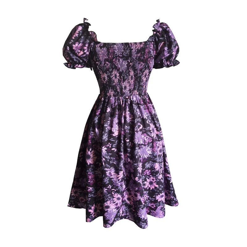 Daisy Flower Print Retro With Elastic High A Skirt, Bubble Short Sleeved Tie Waist, V-Neck Women'S Dress Su