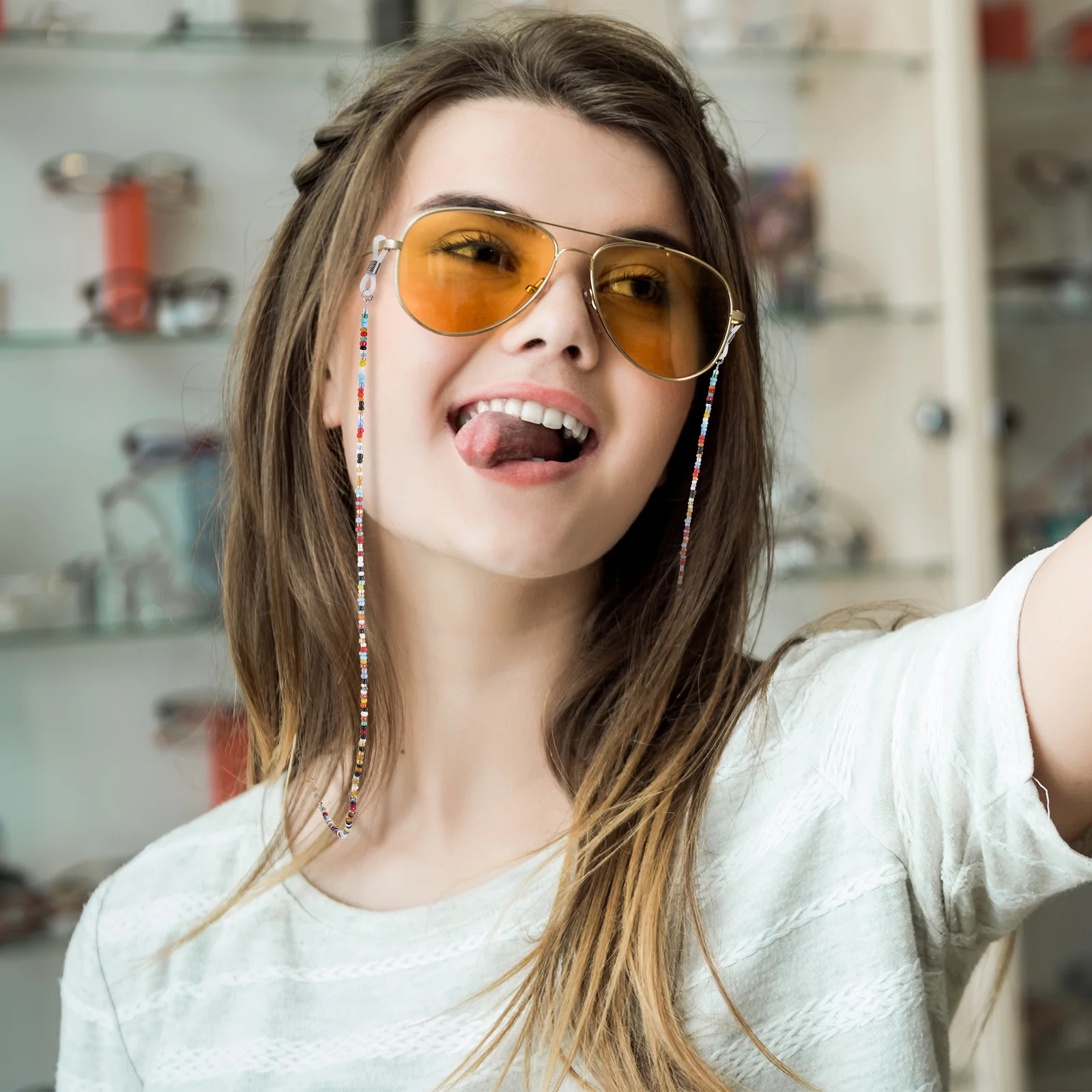 

2Pcs Beaded Glasses Chains Stylish Eyewear Necklace Holder Anti-Slip Silicone Buckle Secure Fit for Eyeglasses Sunglasses