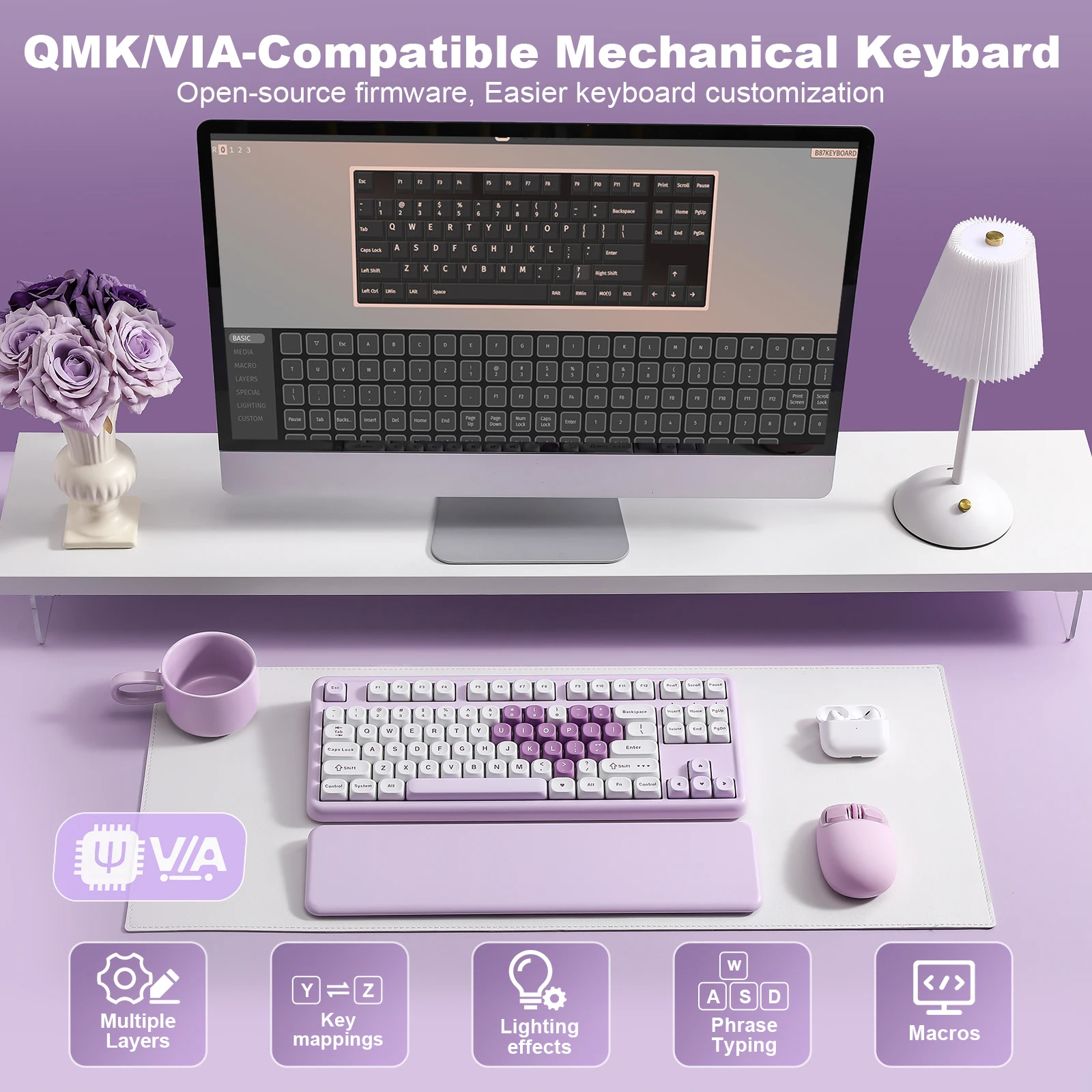 YUNZII B87 Heart Wireless Mechanical Keyboard, QMK/VIA Custom RGB