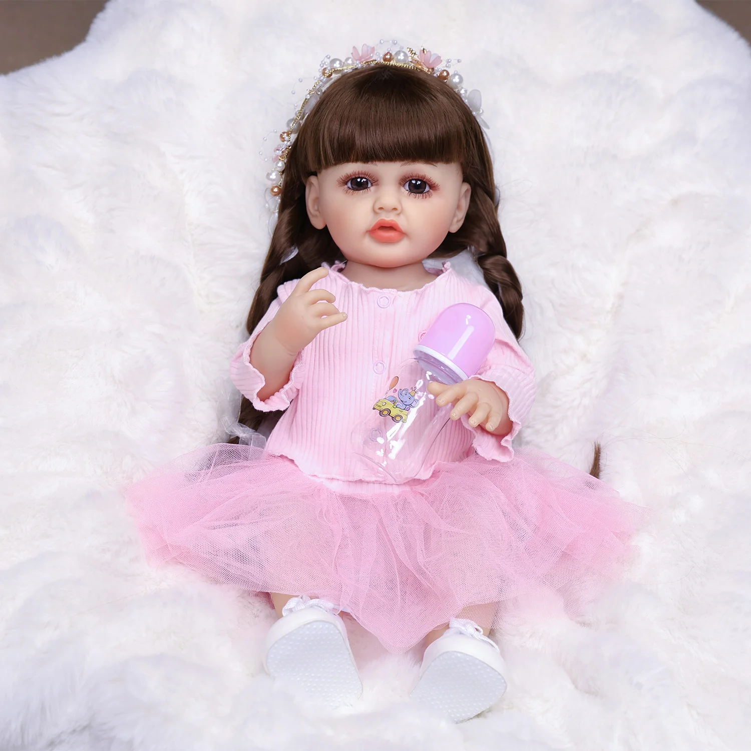 

22 inch Full Body Silicone Realistic Baby Girl with Brown Hair Flower Crown for Over 3 Years Old Birthday Gift