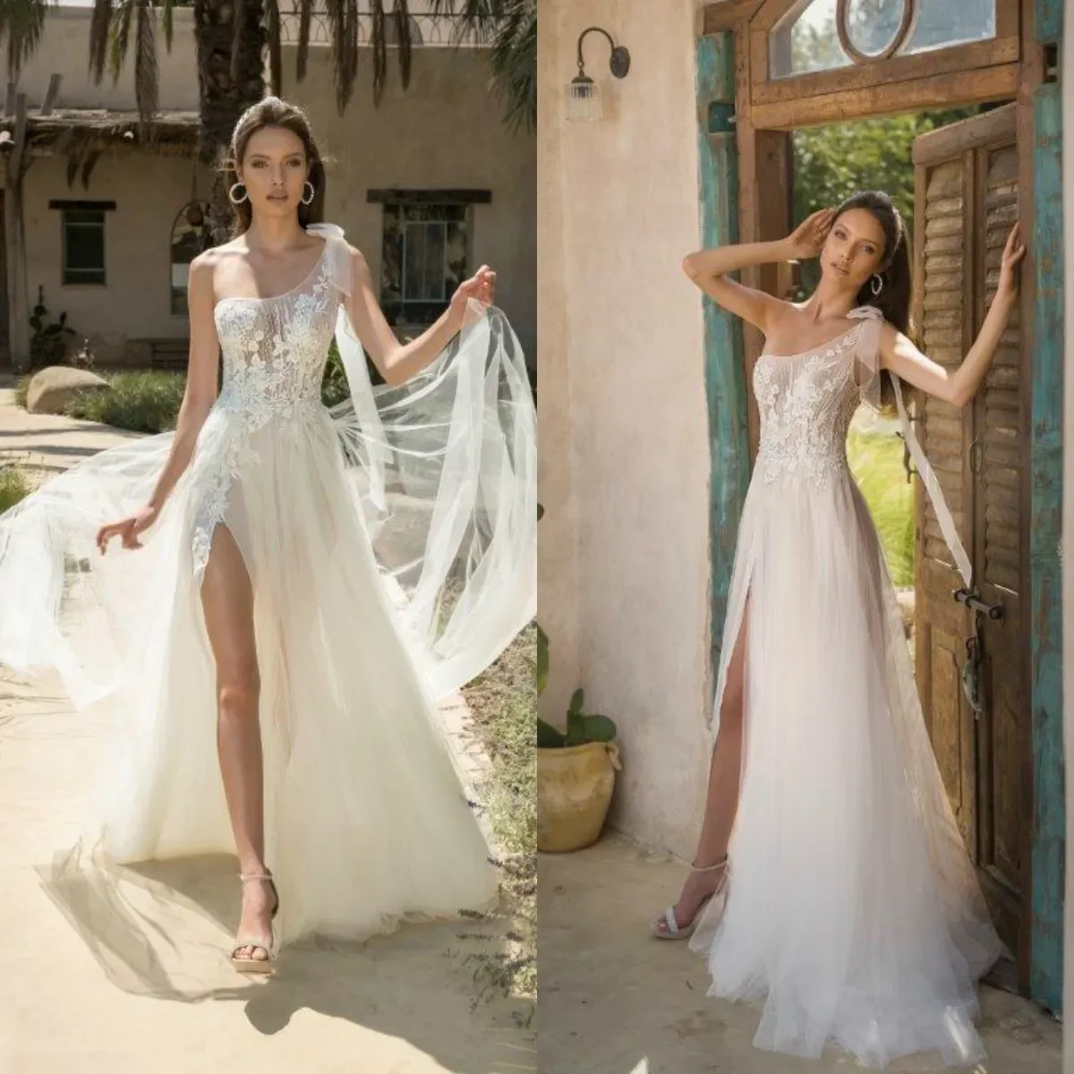 

Индивидуальное женское свадебное платье трапециевидной формы с шифоновой аппликацией 2026, с одним плечом и открытой спиной, с разрезом по бокам, сексуальное свадебное платье