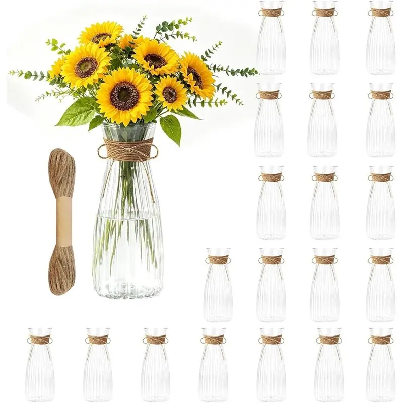 ABZL Bulk 6.7 Inch Plastic Vases For Flowers With Twines Ropes 20 Pack Clear Bud Vases For Centerpieces