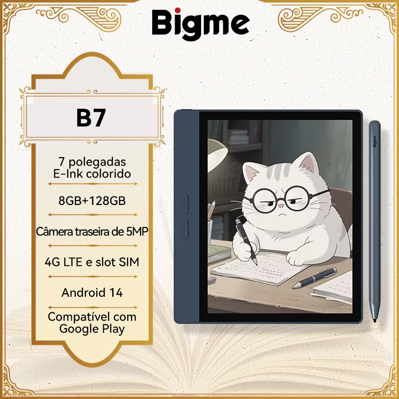Leitor de Ebook Bigme B7, E-Ink de 7'', 300PPI, 8+128GB, Sistema Aberto Android 14, Tablet E-Book com Câmera Traseira de 5MP