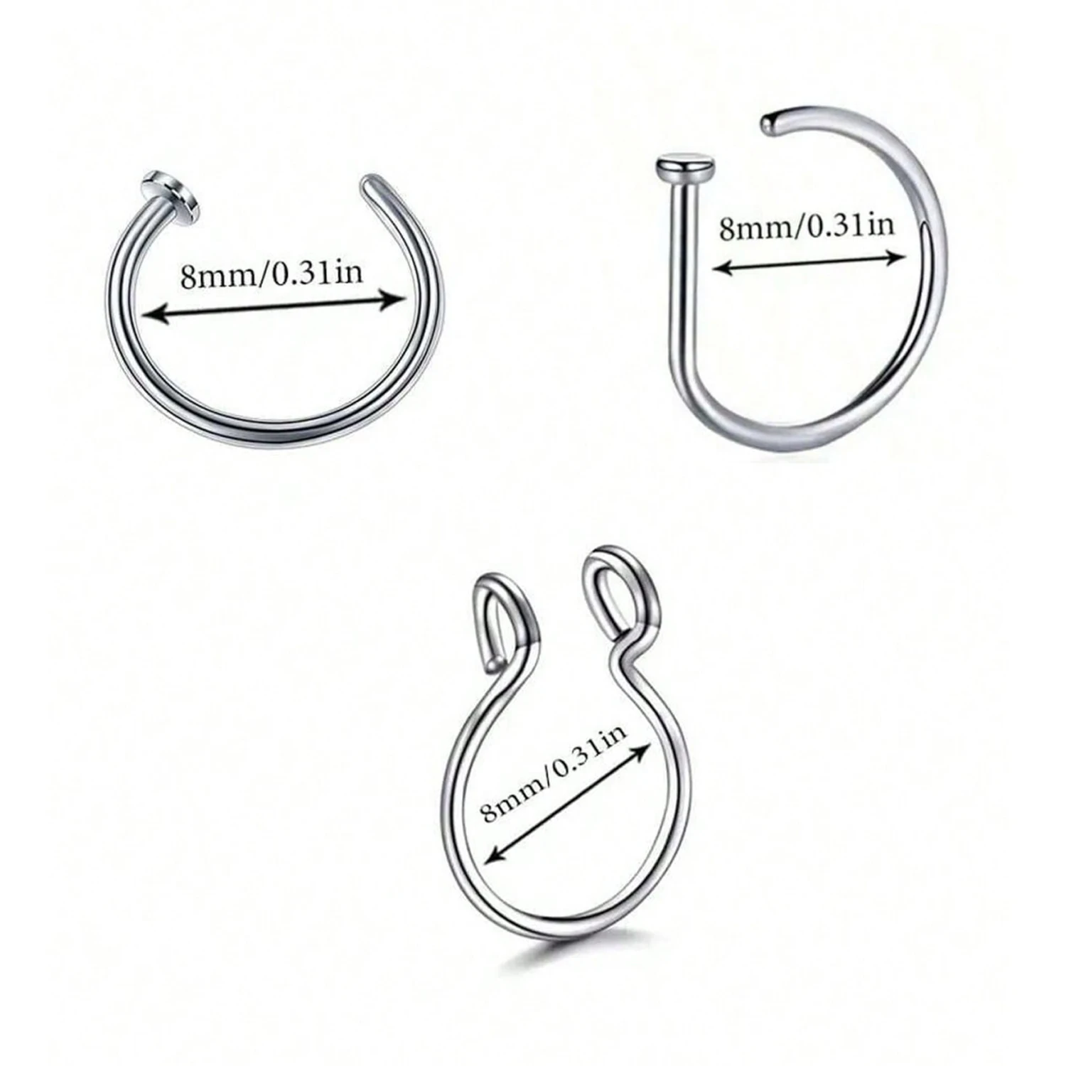 9Pcs Stainless Steel Fake Nose Ring SetHip Hop Nose Septal C/D Clip Ring For Unisex Fake Piercing Body Jewelry Non Piercing