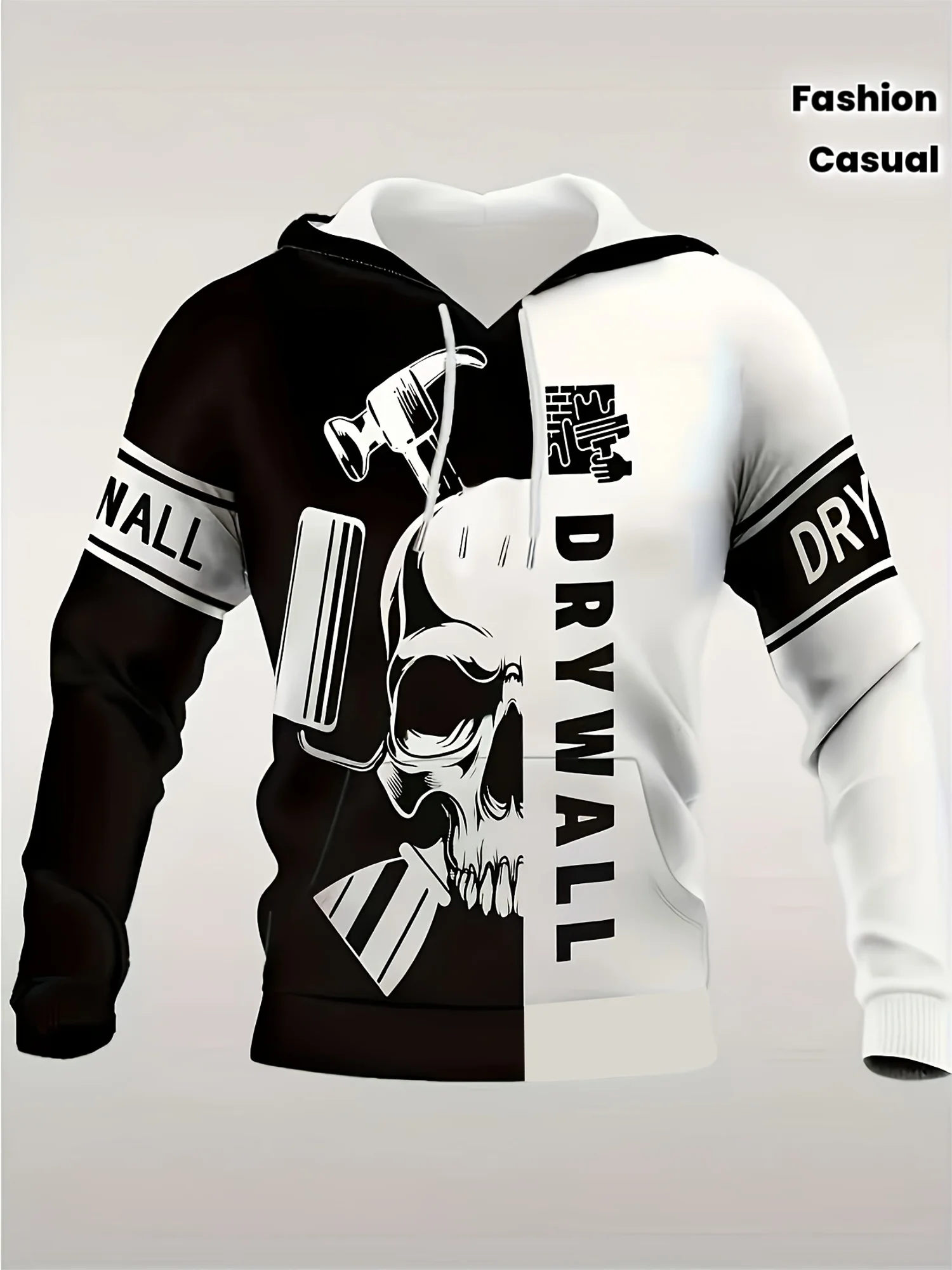Men Women Drywall Worker Hoodie Black White Skull & Tools Print Casual Pullover Hooded Sweatshirt Hip Hop Sport Streetwear Tops