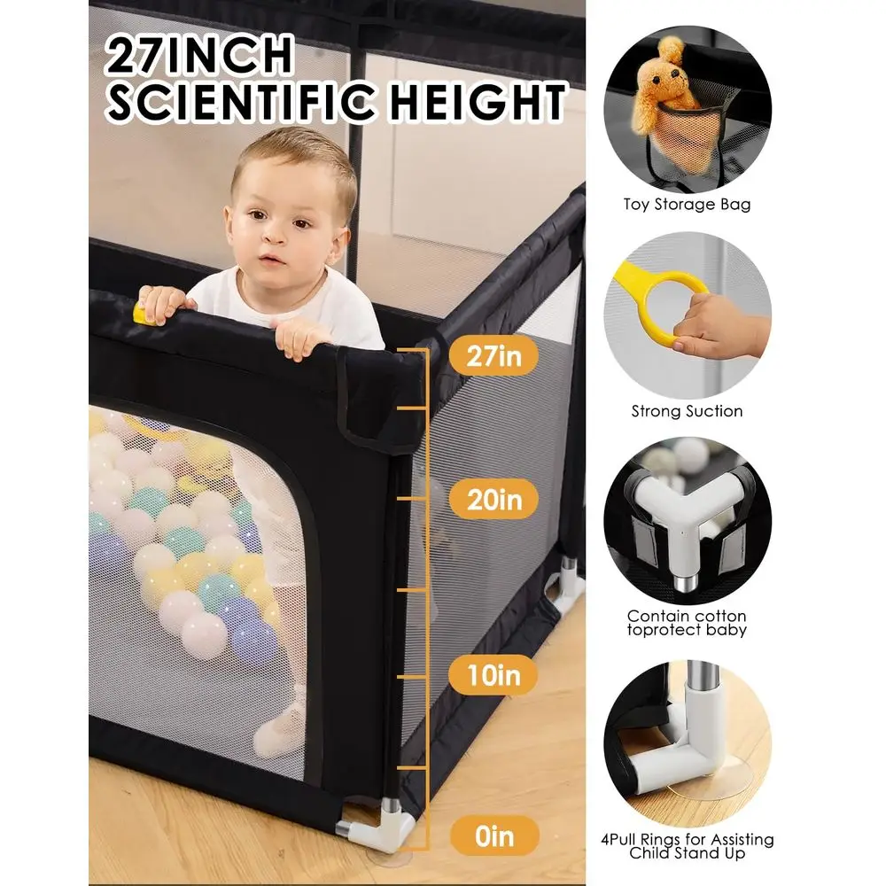 Extra Large 71x59 Baby Playpen with Steel Frame, Toddler Activity Center, Safety Gate, and Toys (Black)