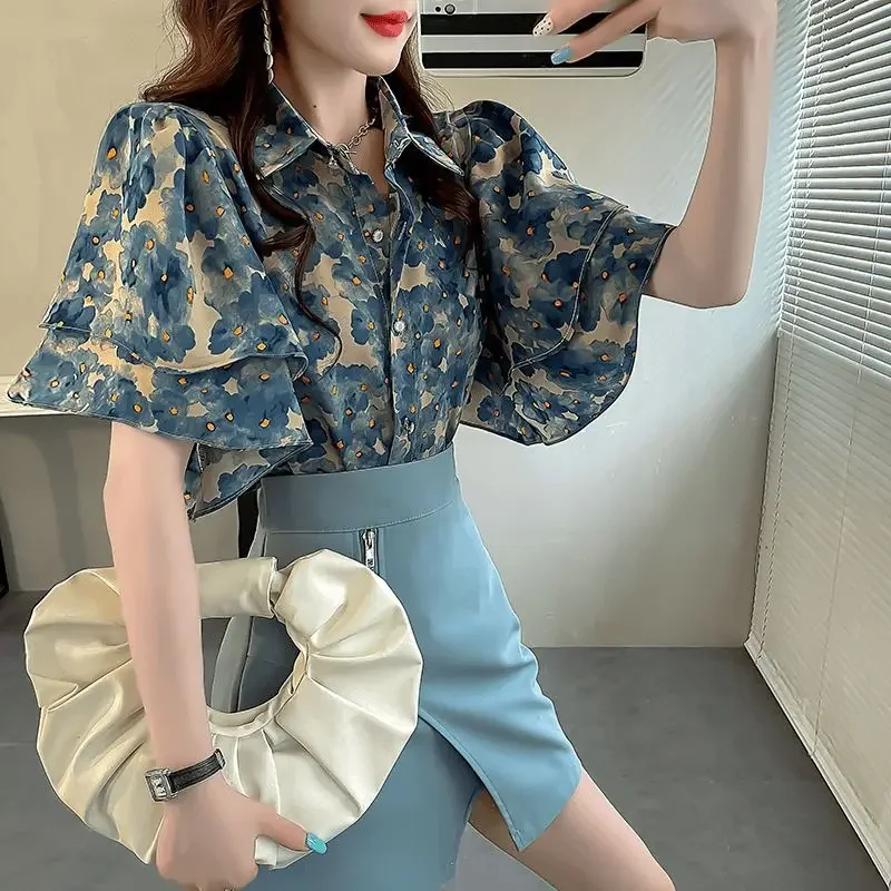 Vintage Summer Women's Shirts 2025 New Patchwork Polo Collar Button Print Ruffles Fashion Loose Short Sleeved Blouse Women Trend