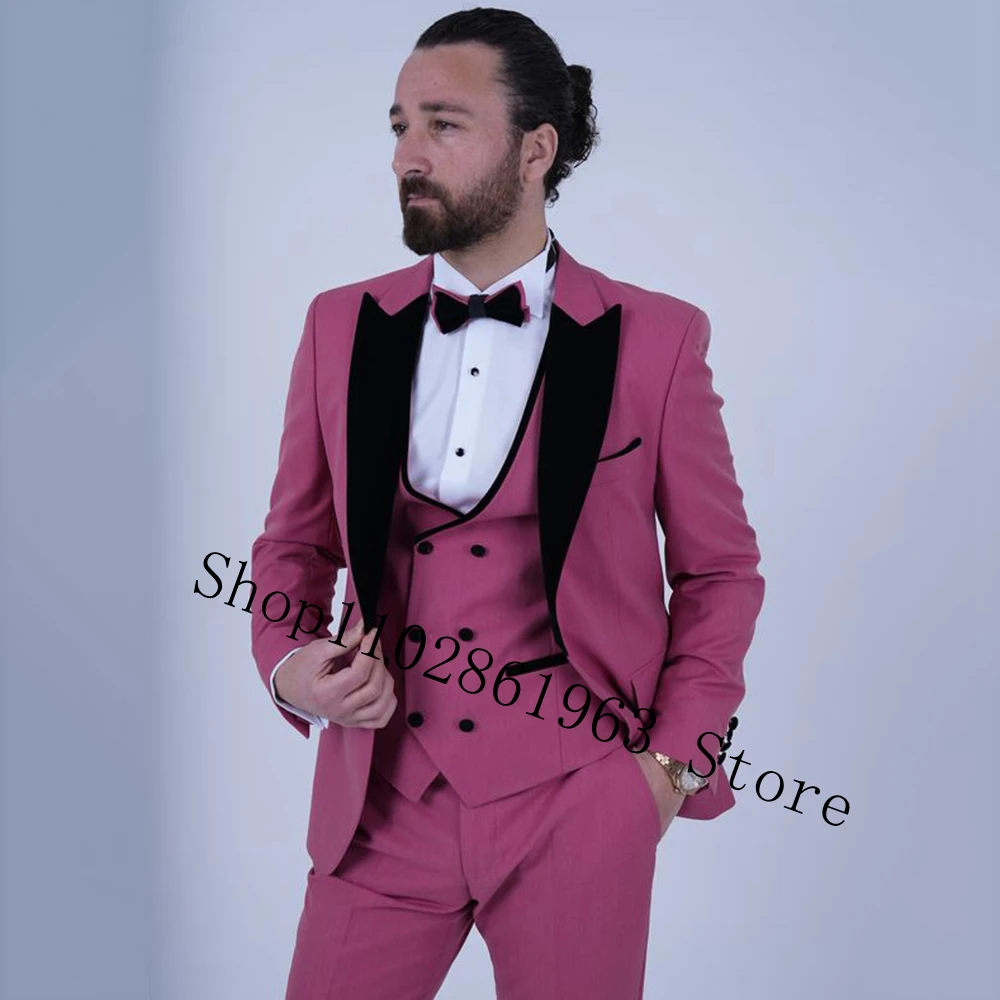 

New Fashion Pink Male Suits Slim Fit 3 Pieces Best Men Wedding Suits Groom Wear Tuxedos Blazer+Vest+Pants Costume Homme Mariage