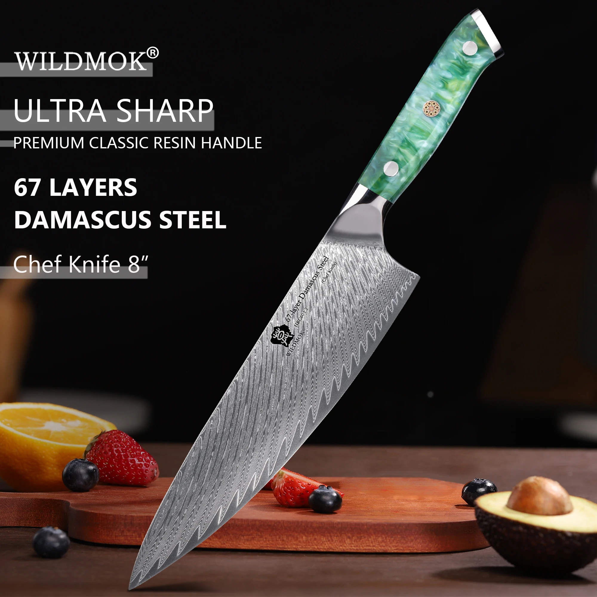 

WILDMOK 8-дюймовый дамасский VG10 стальной японский нож шеф-повара, зеленая ручка из смолы, кухонные ножи шеф-повара