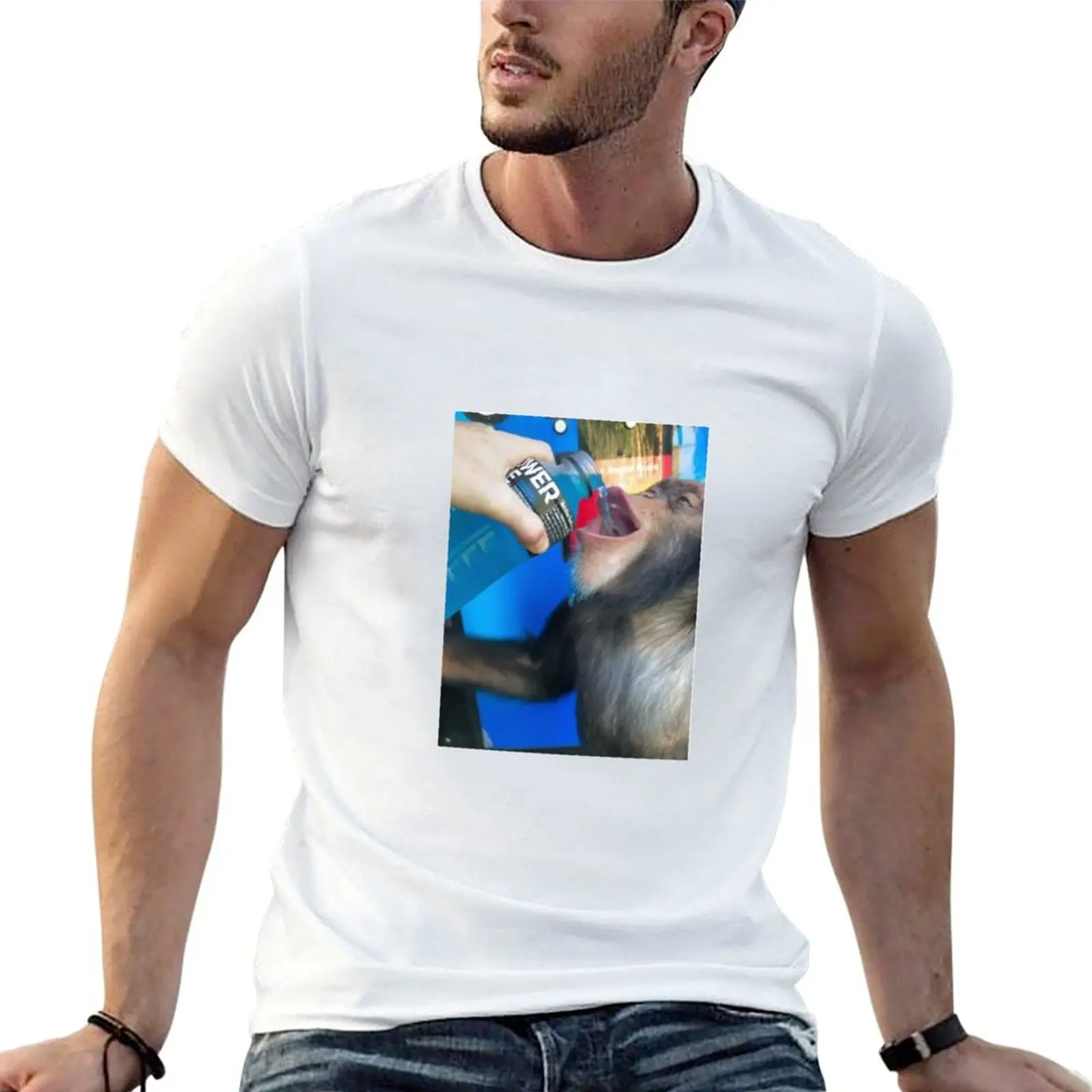 Camiseta masculina com estampa de chimpanzé bebendo Powerade, camiseta masculina de algodão de luxo, camiseta masculina
