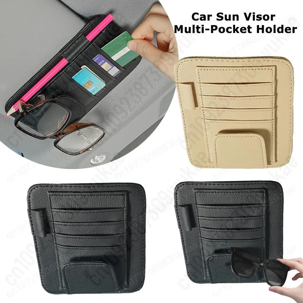 

Sunshade Card Glasses Clip Holder Car Sun Visor Organizer Leather Multi-Pocket Card Storage Pouch Mount Auto Interior Accessory