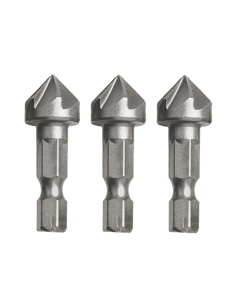 3 buah/set mata bor Countersink perak, mata bor Chamfer enam Flute 6.35mm baja karbon tinggi batang Hex, alat pelepas mesin