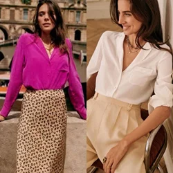 French Elegant Color Vintage Suit Collar V-neck Small Buckle with Pocket Sand Wash Silk Crepe Shirt Mulberry Silk Women Blouse