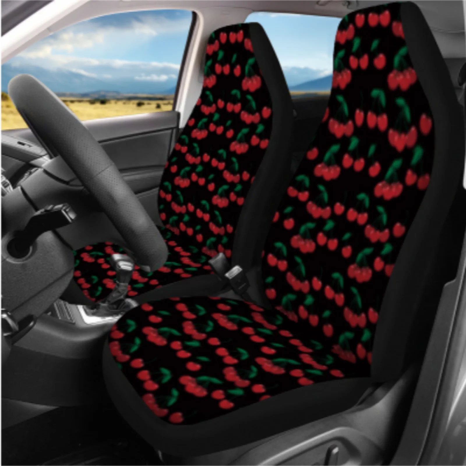 Coloranimal Cherries 14 Pieces Automobile Seat Cover Sets with Comfortable Cars Headrest Cover and Auto Cup Coaster for Car