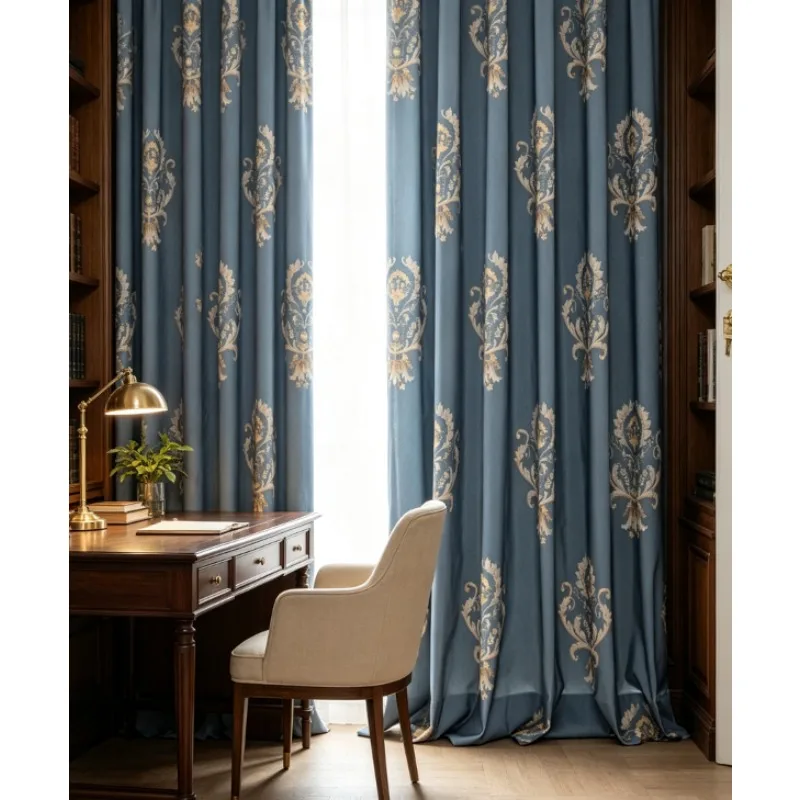 Simple European Style Blue Polyester Cotton Printed Semi Blackout Curtains for Living Room, Bedroom, Balcony Curtains