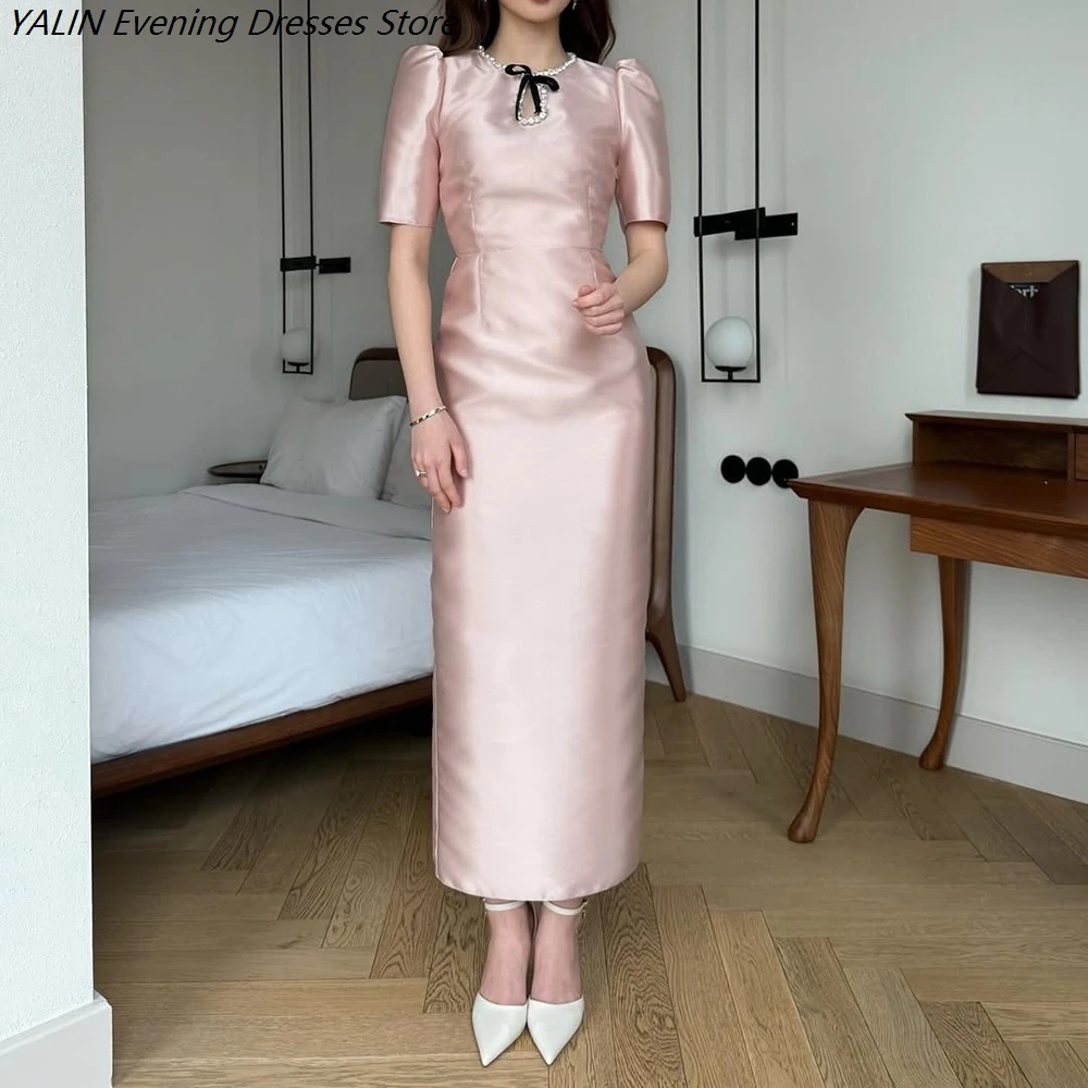 

Women's Straight Evening Dresses Tea-length O-neck Short Sleeve Prom Dresses Simple Fashion Crystal Bow Customized Gowns