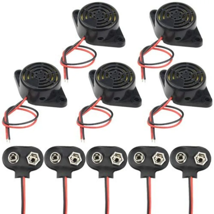 5 PCS DC 3-24V Electronic Buzzer Alarm Sounder Continuous Beep and 5 PCS 9V Battery Clip Connector Kit