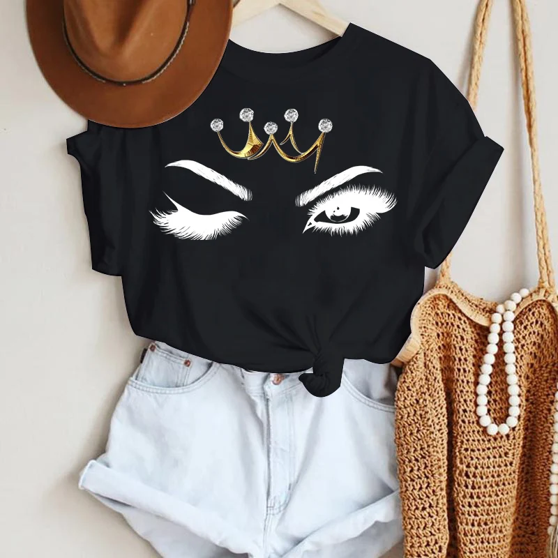 Fashion Ladies T-shirt eyelash crown Print Short Sleeve Casual Tops T Shirt femme Summer 90s Tshirts Cartoon Graphic Tee Shirt