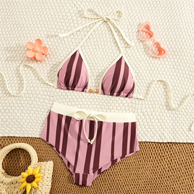 Two Piece Bikini Women Striped Sexy Split Swimsuit Quick Dry Bathing Suit For Hot Spring Pool Beach Vacation Swimming Swimwear
