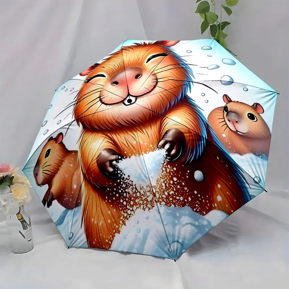 1PC Cheerful Animals Playing in Snow Umbrella Design Print 8 Iron Ribs Folding Umbrella Auto-Open Fashion Sunshade