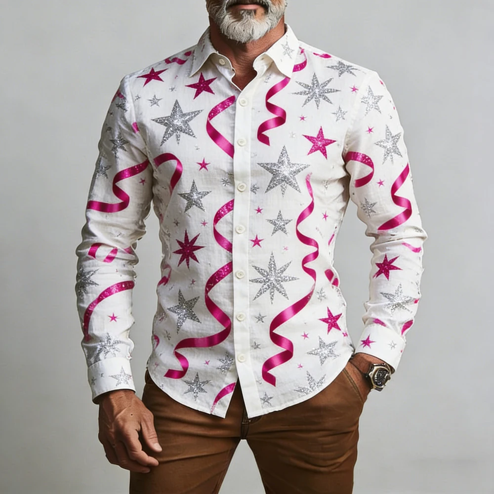 

Men's New Linen Christmas Ribbon 3D Printed Shirt Hawaiian Vacation Casual Long-sleeved Lapel Shirt Men's Party Clothes For you