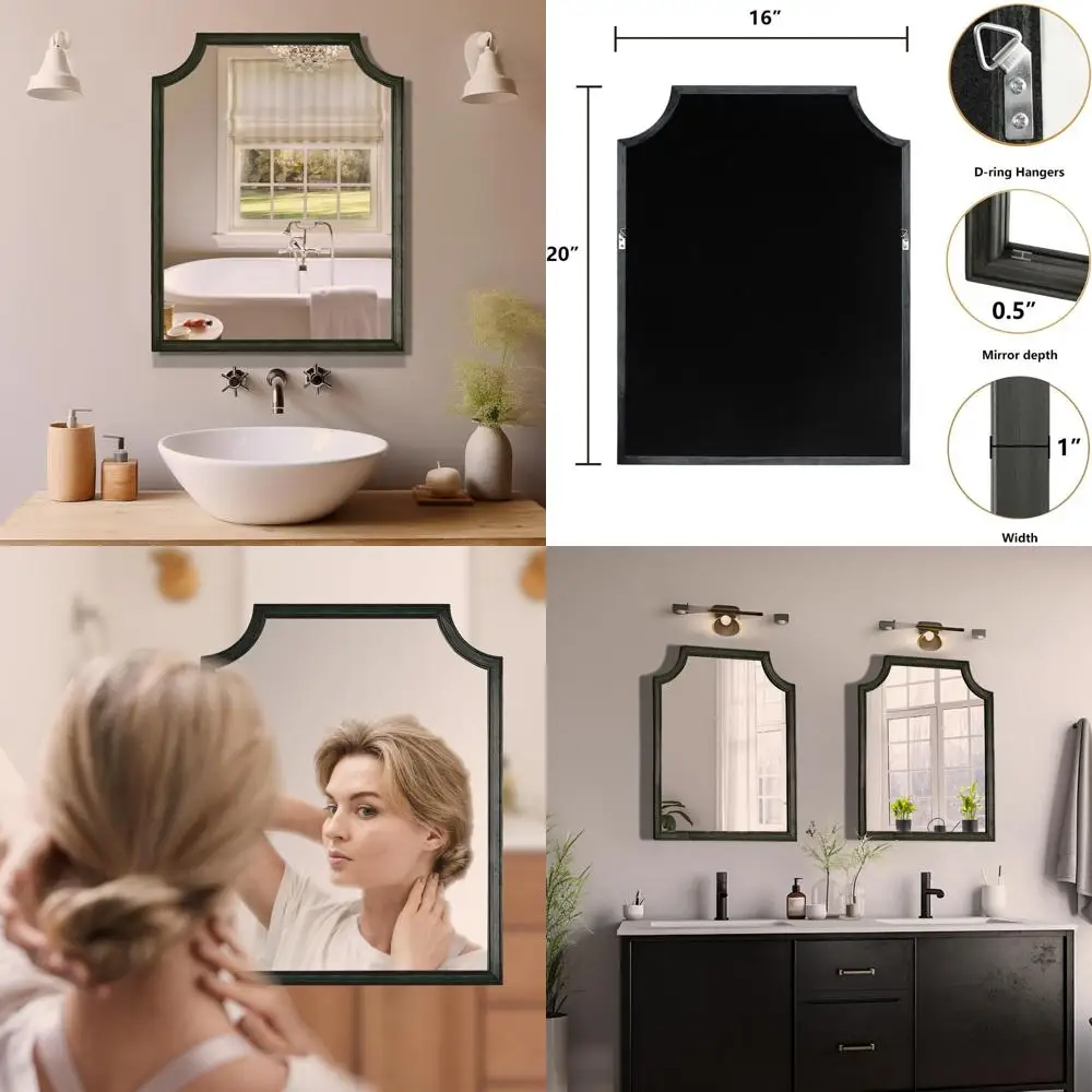Wellenförmiger, rechteckiger schwarzer Wandspiegel, 40,6 x 50,8 cm, für kleine Badezimmer-Waschtisch, Flur und Schlafzimmer, dekorativer Spiegel