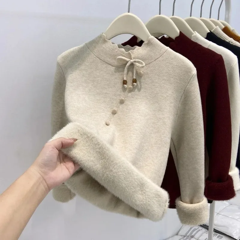 Womens Autumn Winter Half High Collar Fleece Lined Knit Top Chinese Style Thick Warm Inner Base Sweater