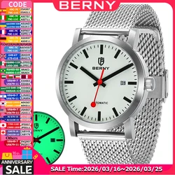BERNY Automatic Watch Men Luminous Stainless Steel Self Winding Wristwatch MIYOTA 8215 Waterproof Mechanical Swiss Railway Watch
