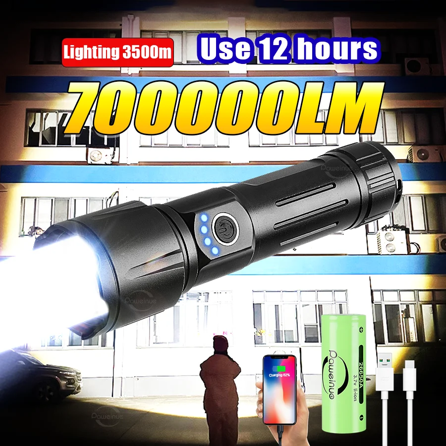 

High Power Spotlight Led Flashlight Outdoor Zoomable Long Range 3500m Torch Rechargeable With Mobile Power Emergency Flashlights