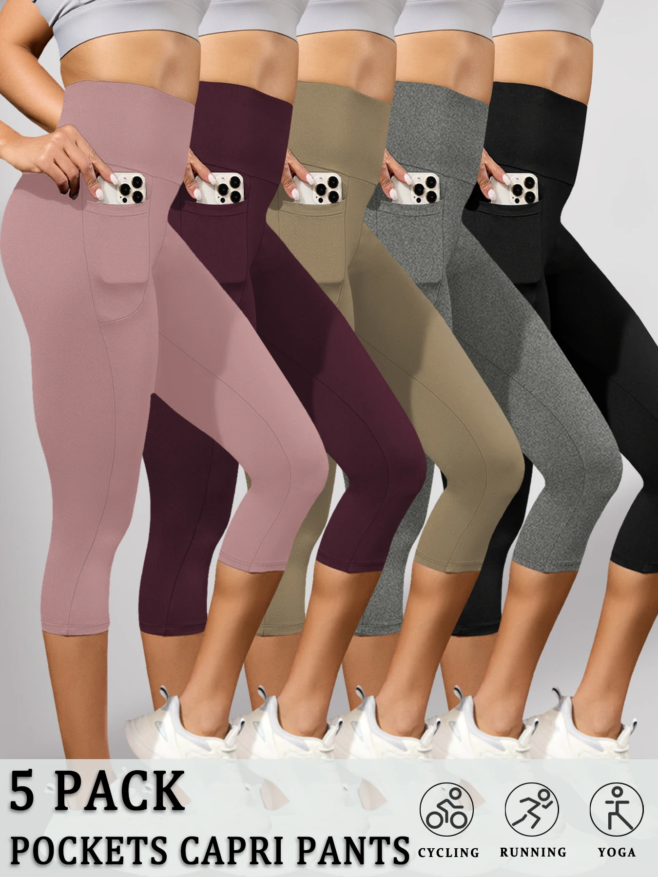 

5 Pack High Waisted capri pants For Women With Pockets Super Soft No See Through Workout Running Yoga Push Up Gym Leggings